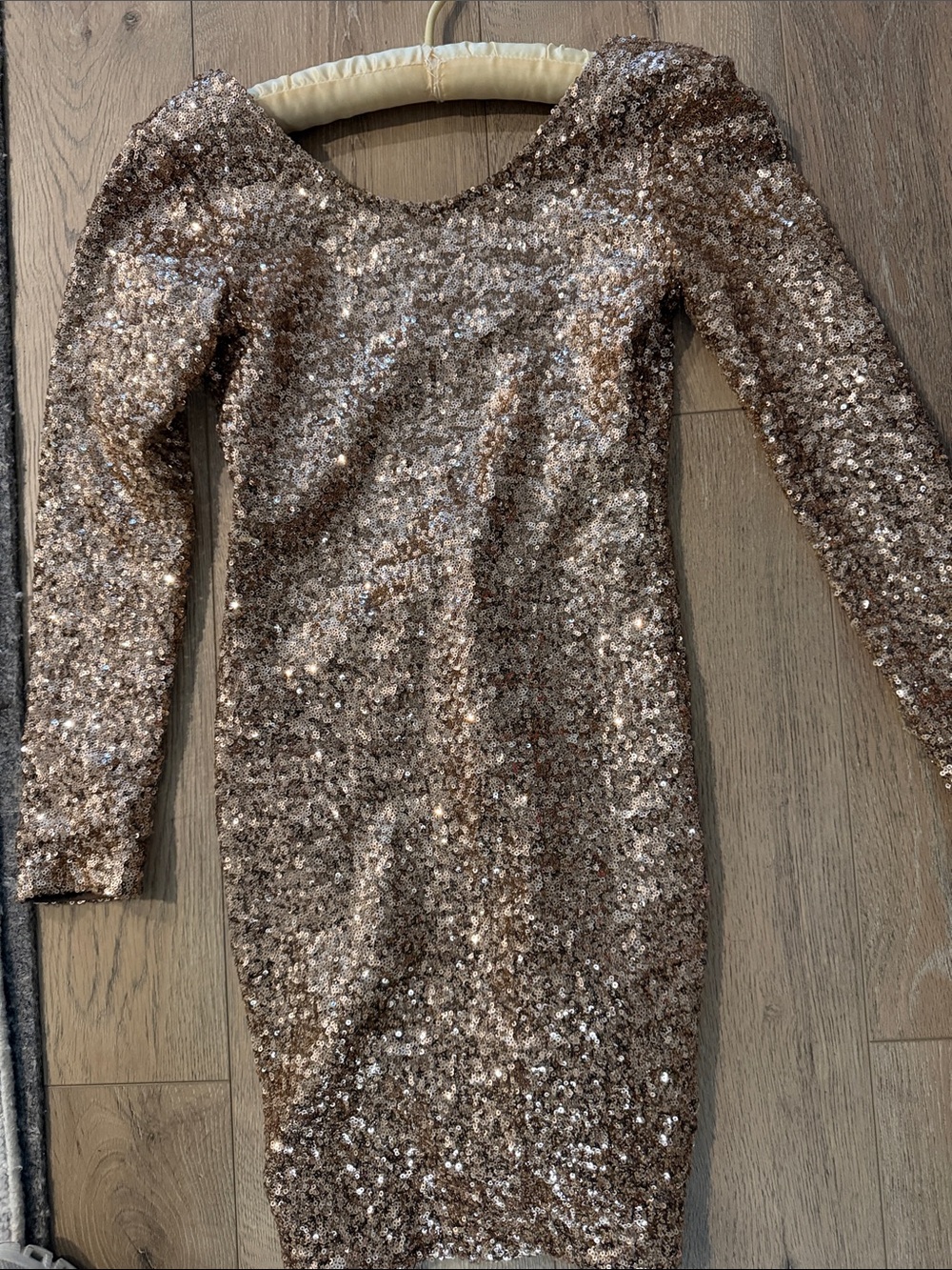 Sequin Long-Sleeve Mini Dress in Rose Gold with scooped low back